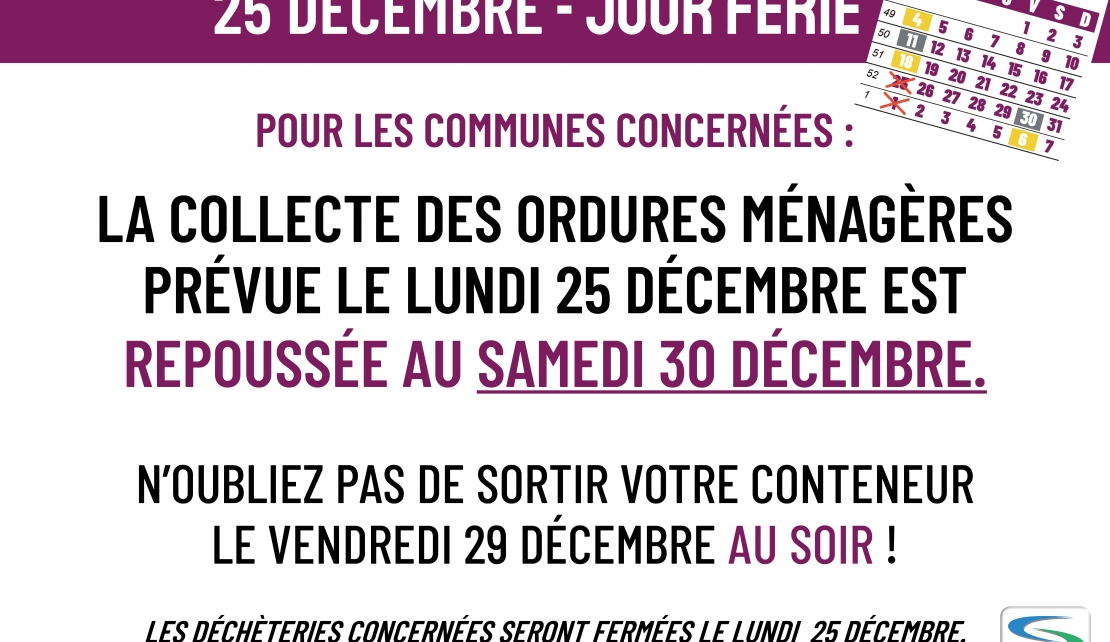 JOUR FERIE : LUNDI 25 DECEMBRE et 1er JANVIER 2024